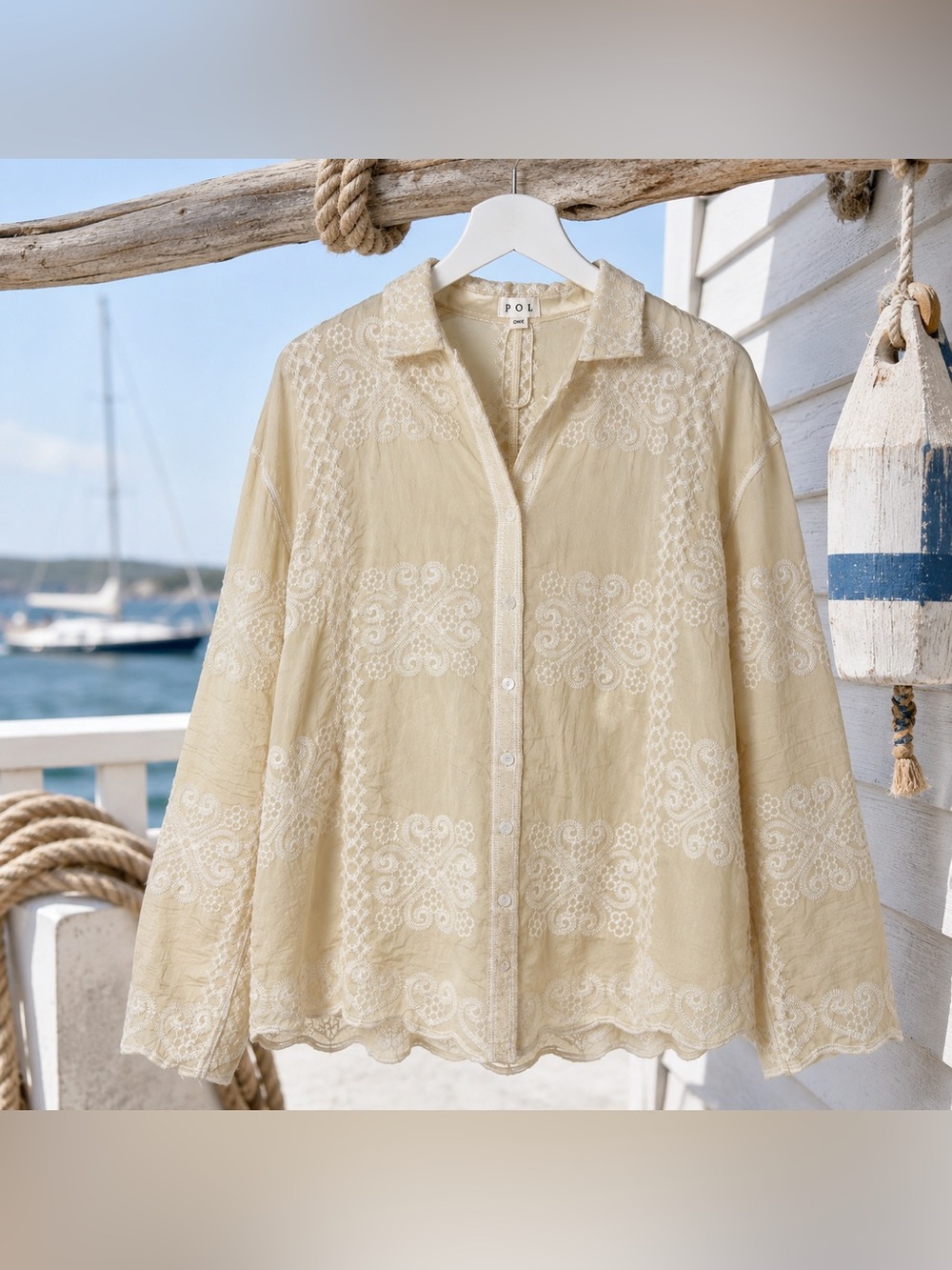 POL One Size Embroidered Boho Button Front Shirt Cream Beige Oversized NWOT